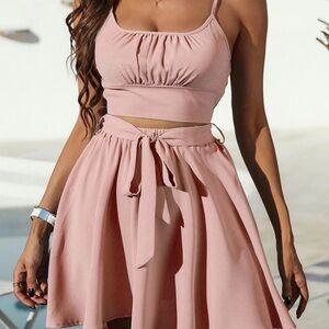 Pink Mini Skater Skirt with Tie Front
